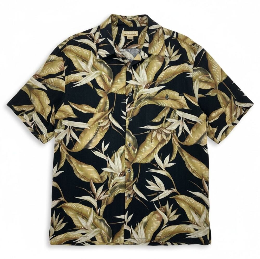 KONA KAI Silk Blend HAWAIIAN Shirt Black Tan TROPICAL Size XL